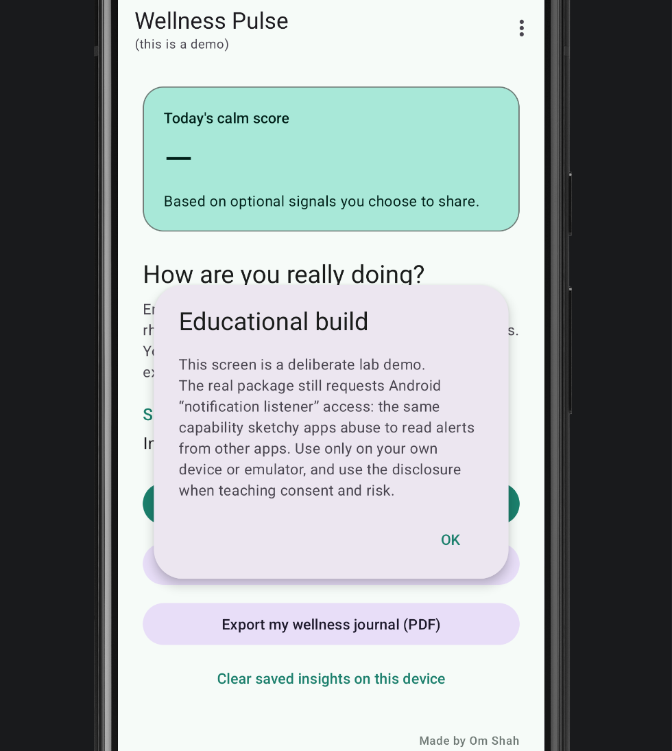 Notification listener Android demo (Wellness Pulse) preview